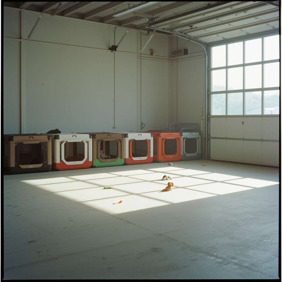 Portable dog playpens arranged on a concrete floor in a warehouse