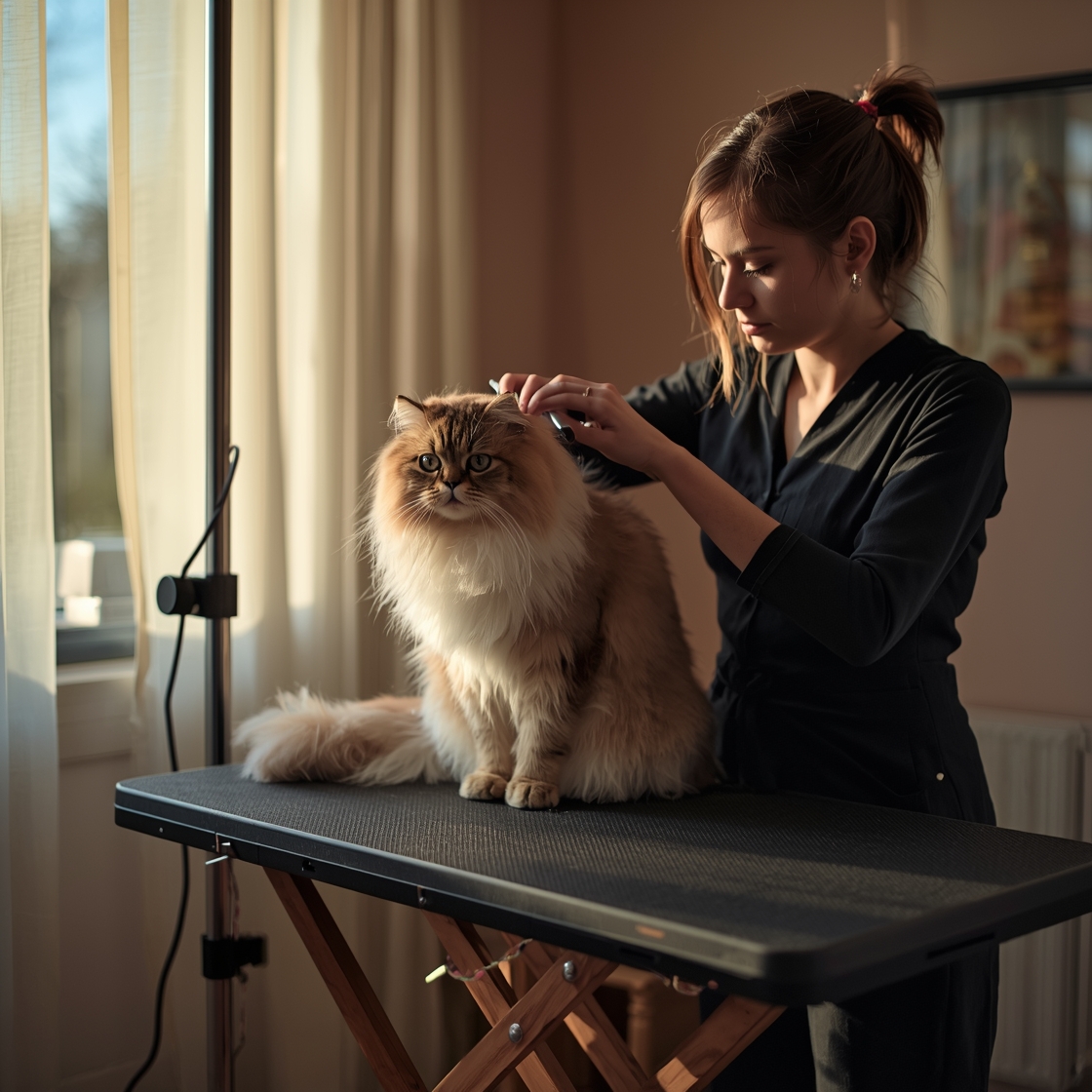 Groomer brushing long-haired Persian cat on wooden table