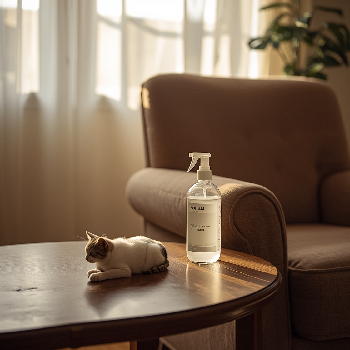 Pet odor eliminator spray bottle on a cozy living room table