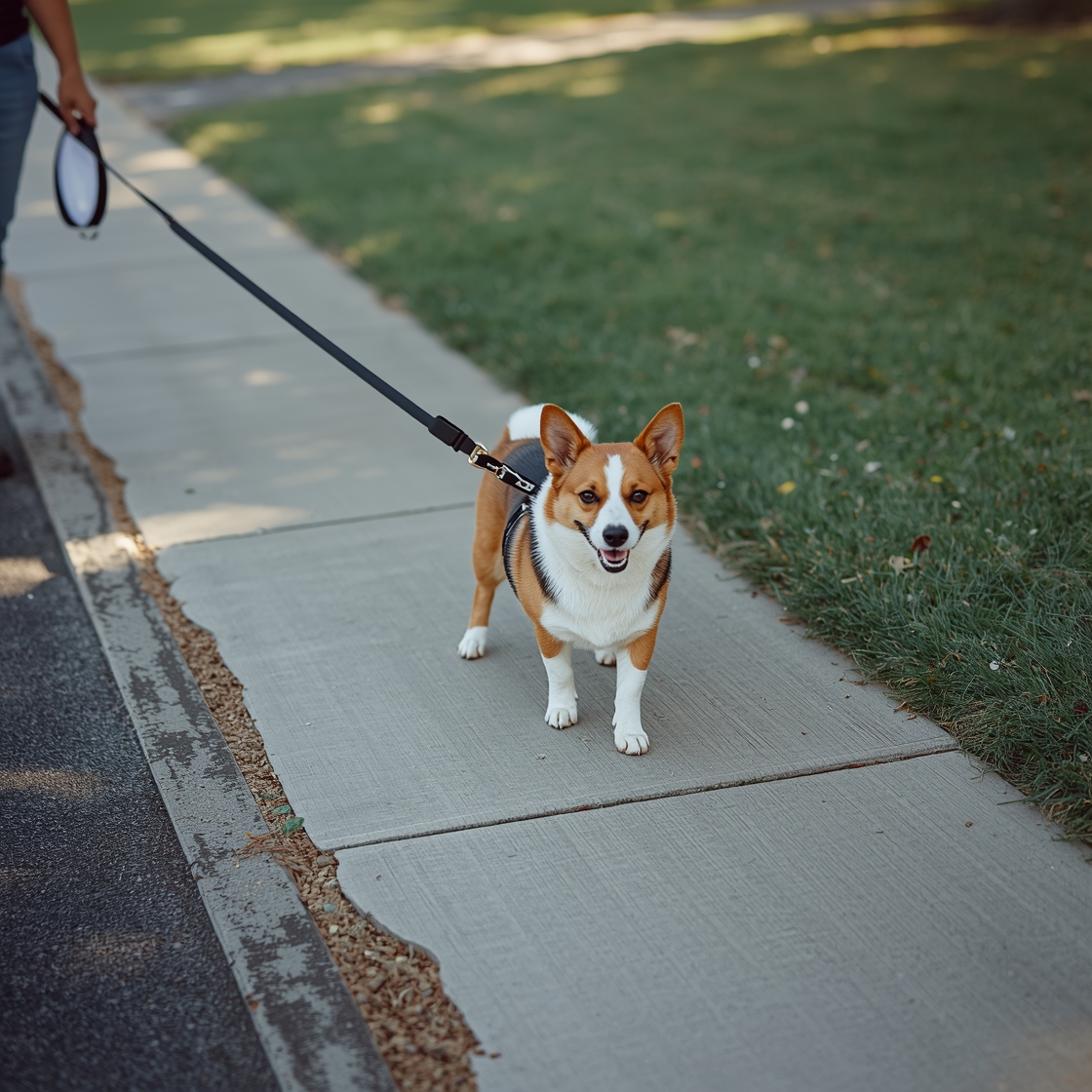 A retractable dog leash with a happy dog on a sidewalk