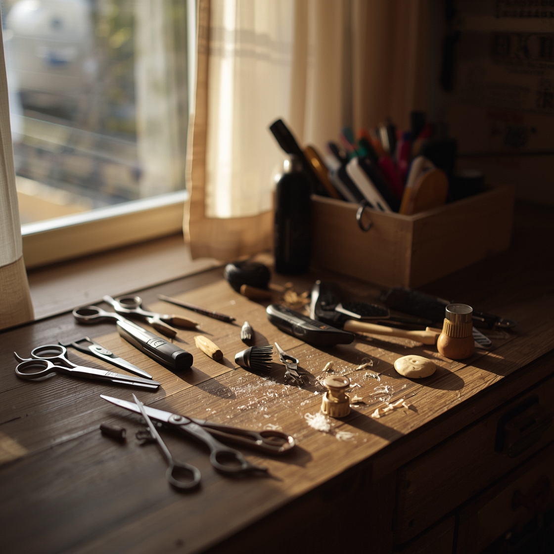 dog grooming tools laid out on a wooden workbench