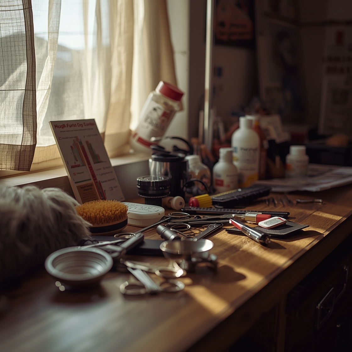 Dog grooming tools on a wooden workbench, morning light