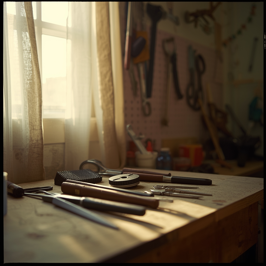 Dog grooming tools on a wooden workbench and pegboard