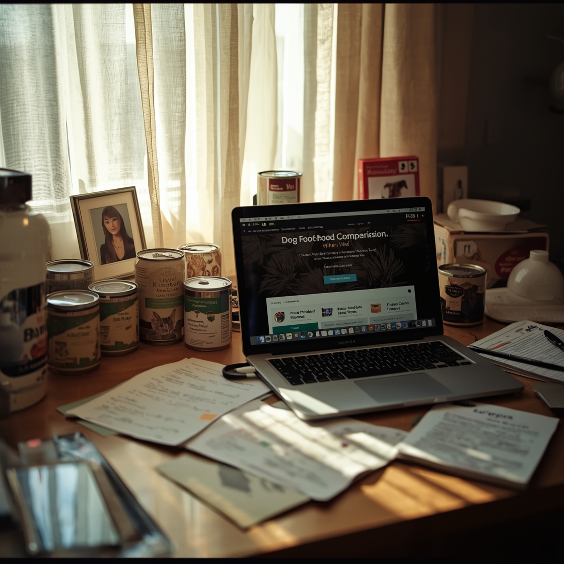 Cluttered home office desk with laptop and dog food labels