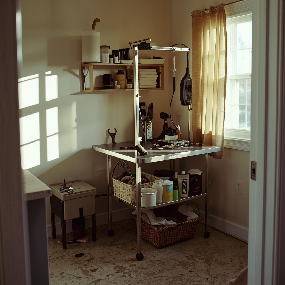 Cluttered pet grooming station with storage and grooming tools