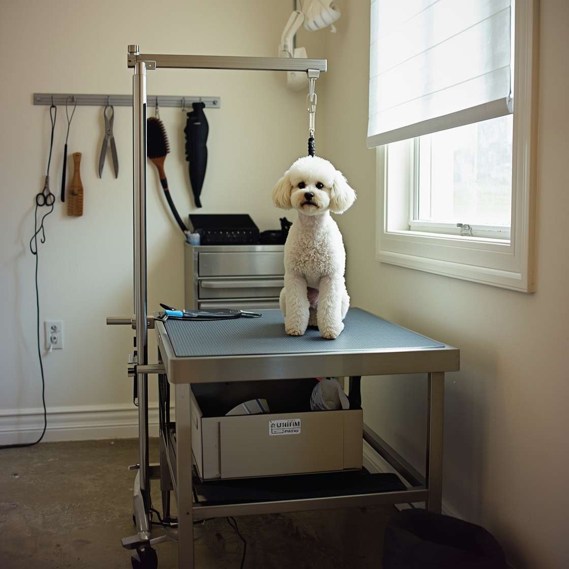 Dog grooming table with storage and a poodle being groomed
