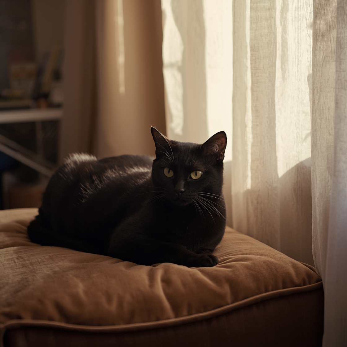 A black cat lies on a velvet cushion, relaxed and groomed