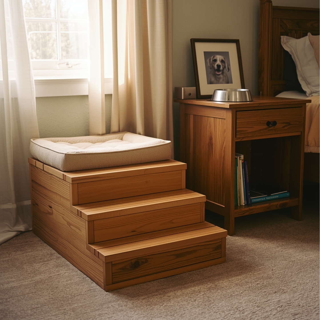 Wooden pet stairs beside a dog bed on a carpeted floor