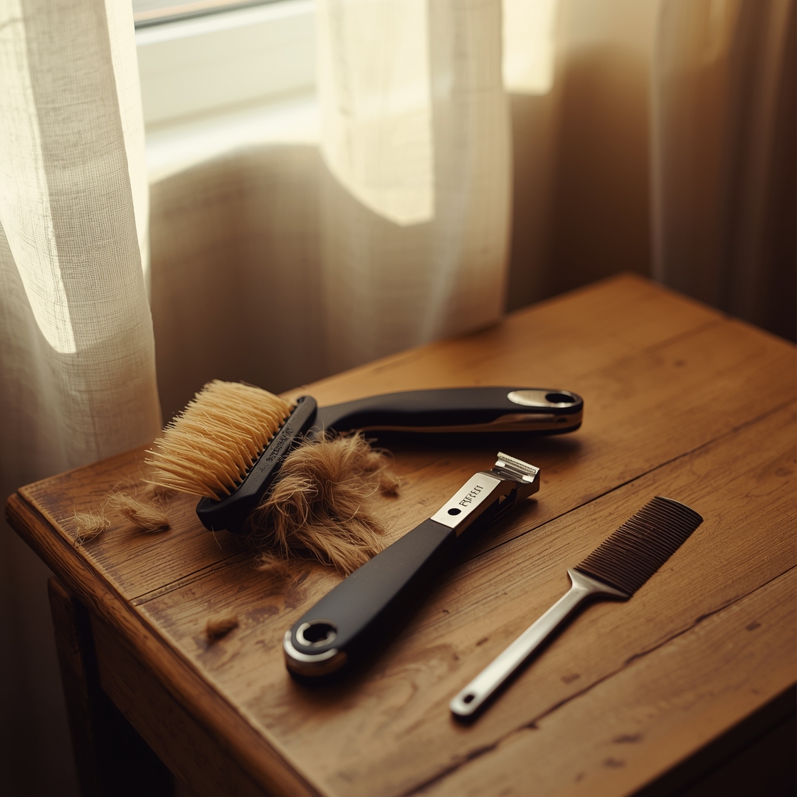 Pet grooming tools laid out on a wooden table