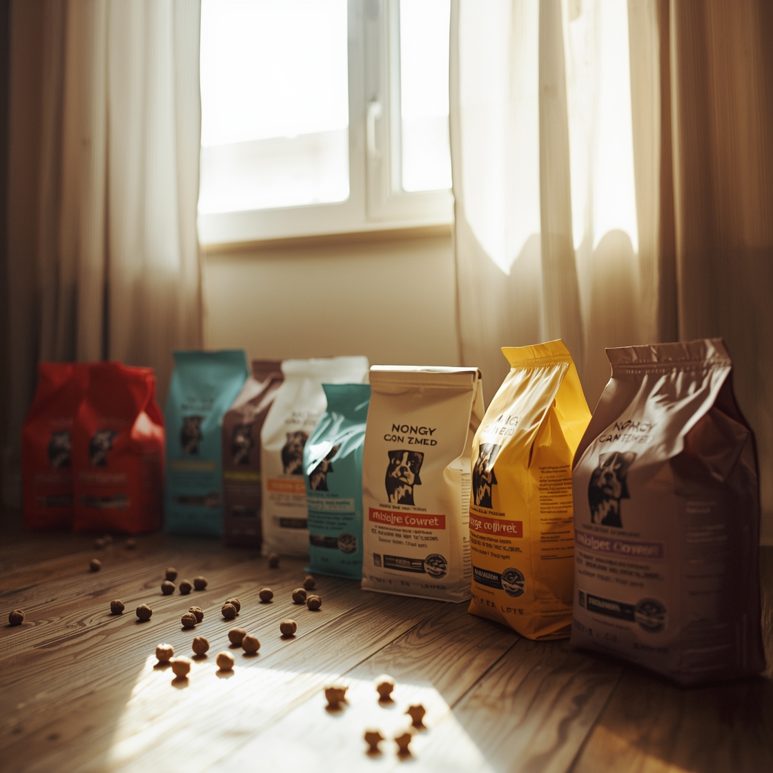 Seven bags of dog food on a wooden floor for overweight dogs