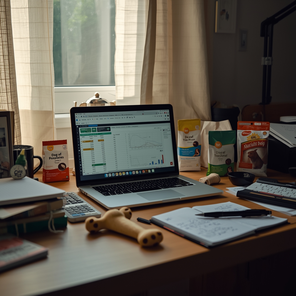 Cluttered home office desk with dog food research materials