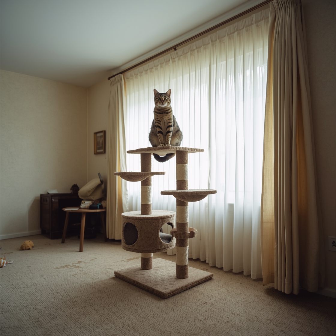 Large tabby cat on 70-inch tall heavy-duty cat tree in living room
