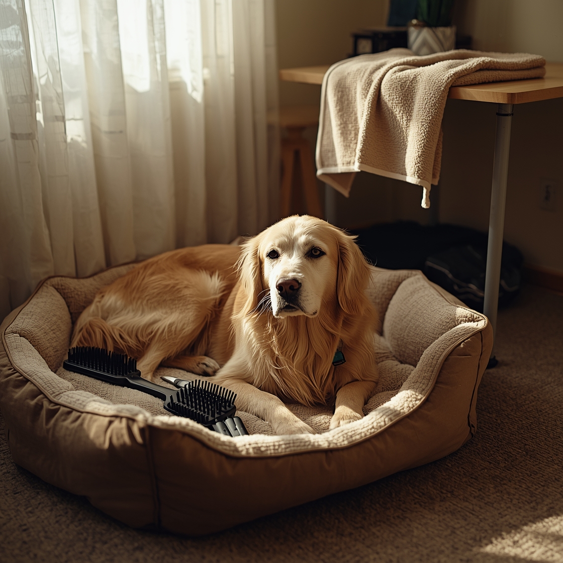A senior golden retriever surrounded by dog grooming tools