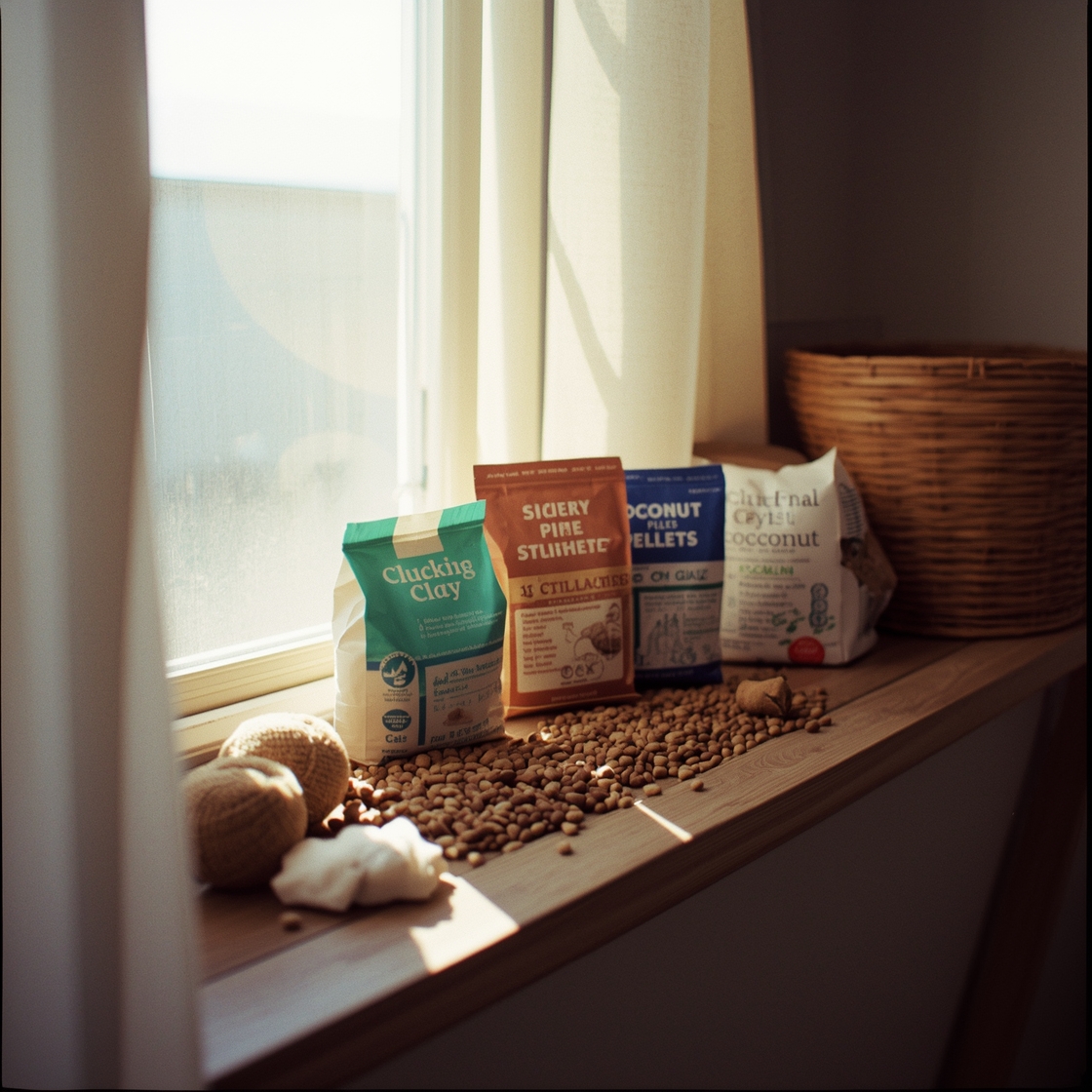 Assortment of cat litter types on a wooden shelf