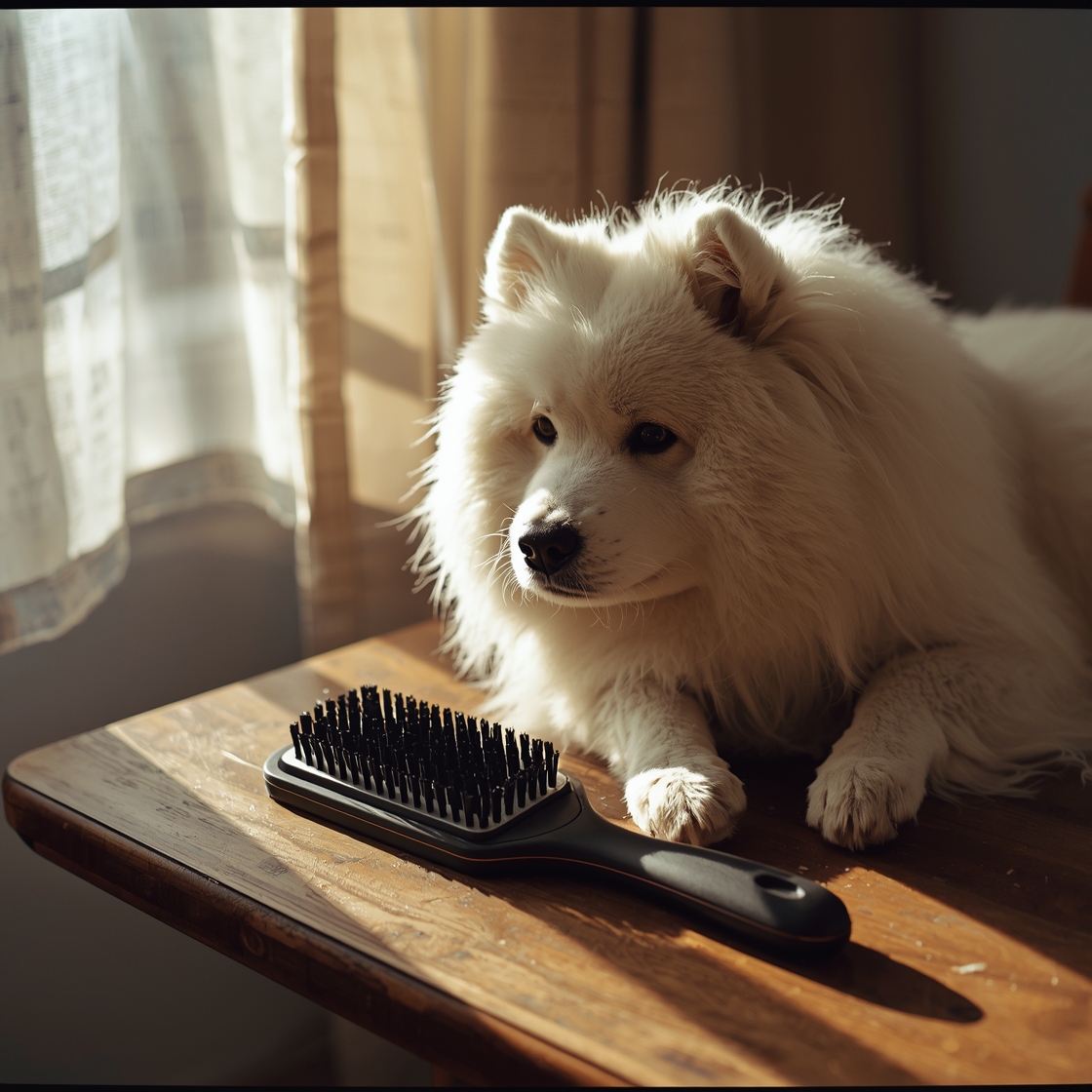 Dog shedding brush on wooden grooming table beside Samoyed