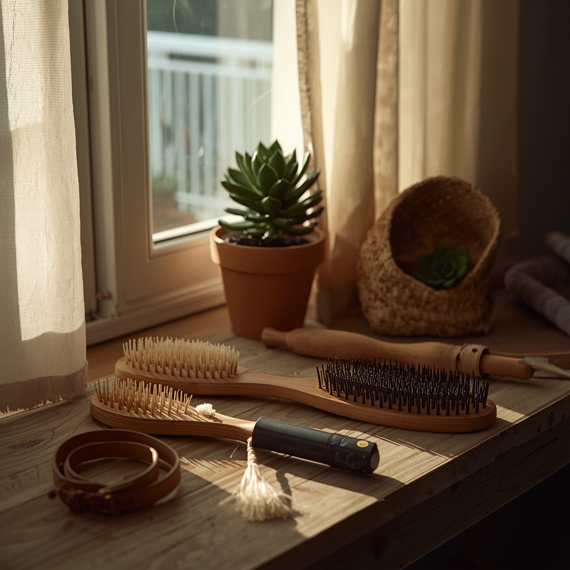 Seven dog shedding brushes on a wooden workbench
