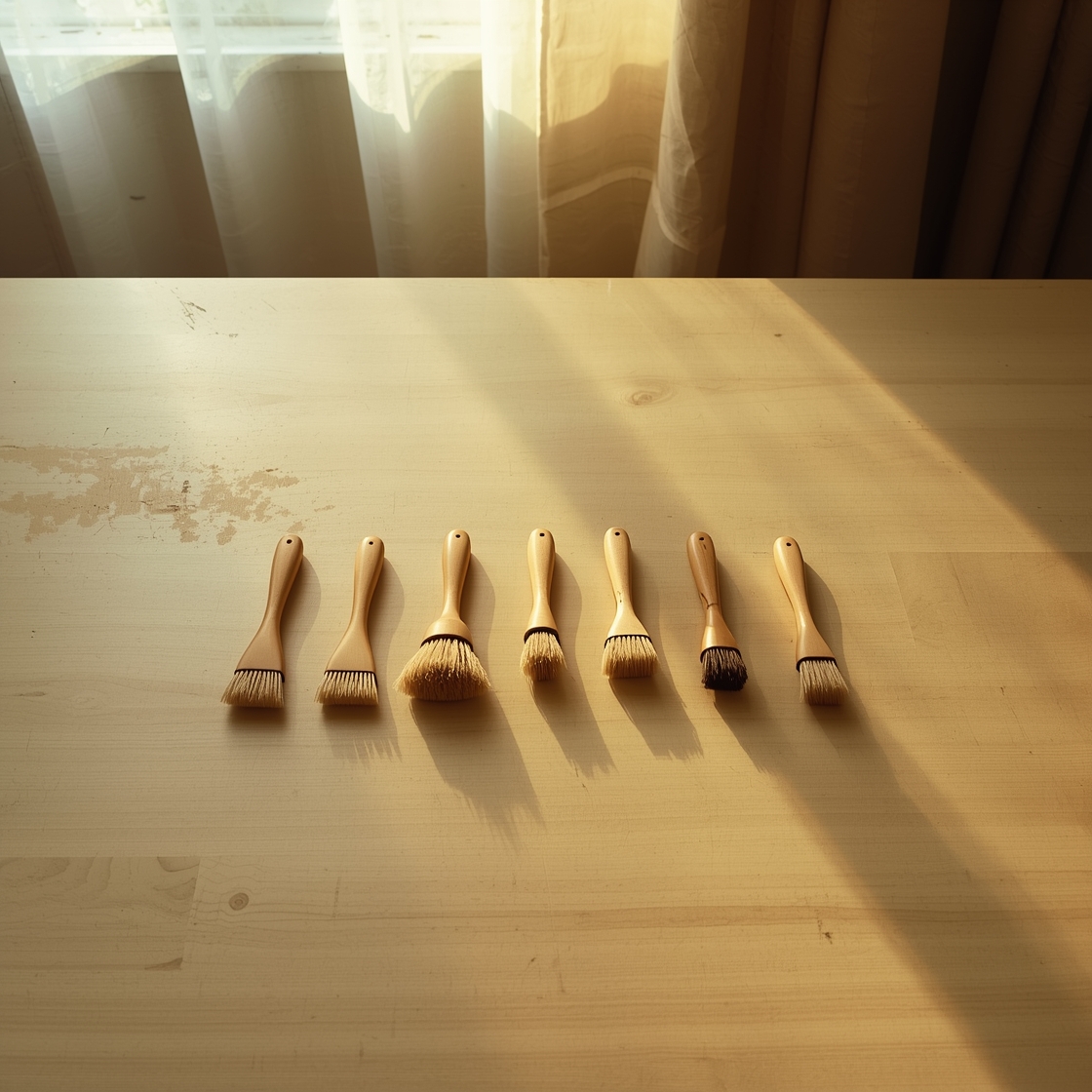 Flat lay of seven dog shedding brushes on wooden table