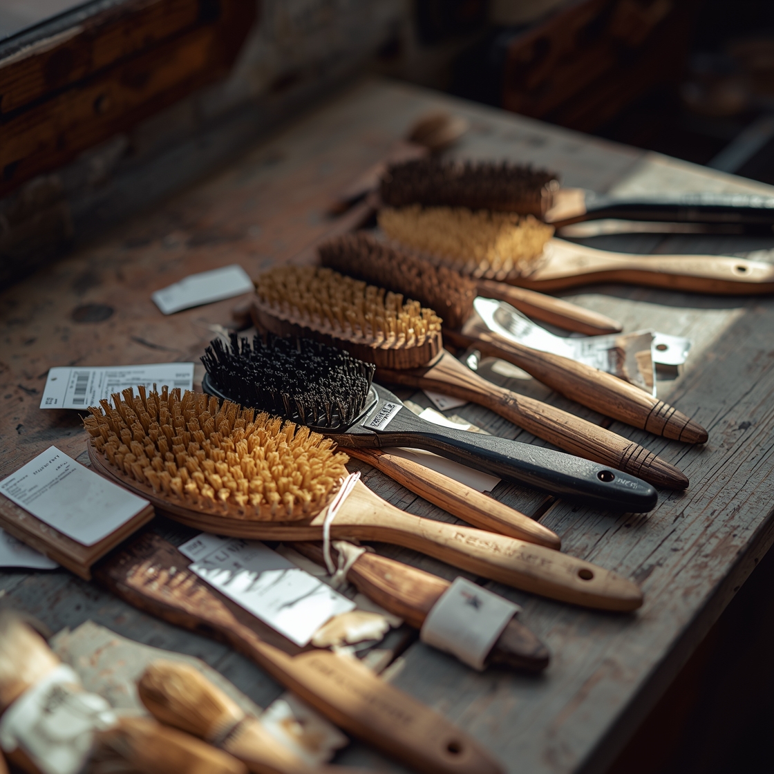 Dog shedding brushes on a workbench with price tags scattered around