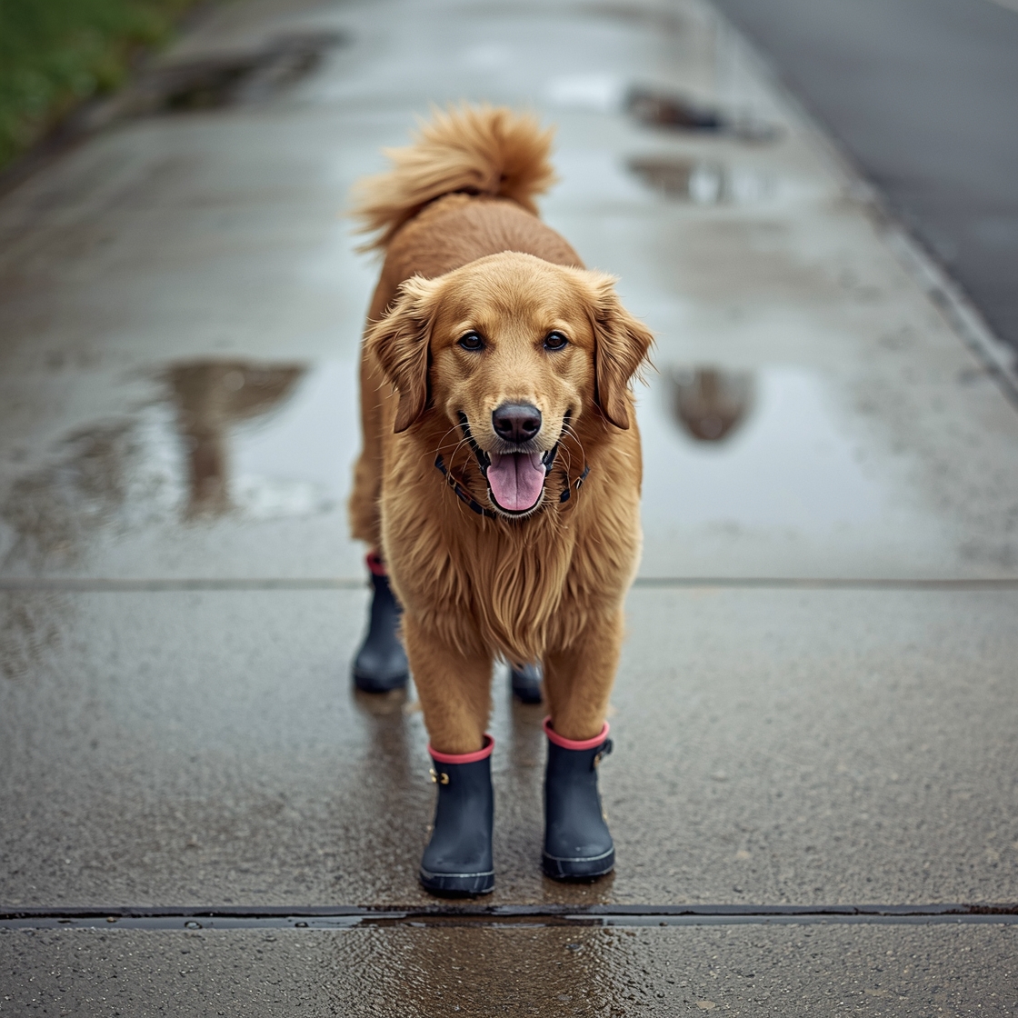 Golden retriever wearing waterproof dog rain boots on wet sidewalk