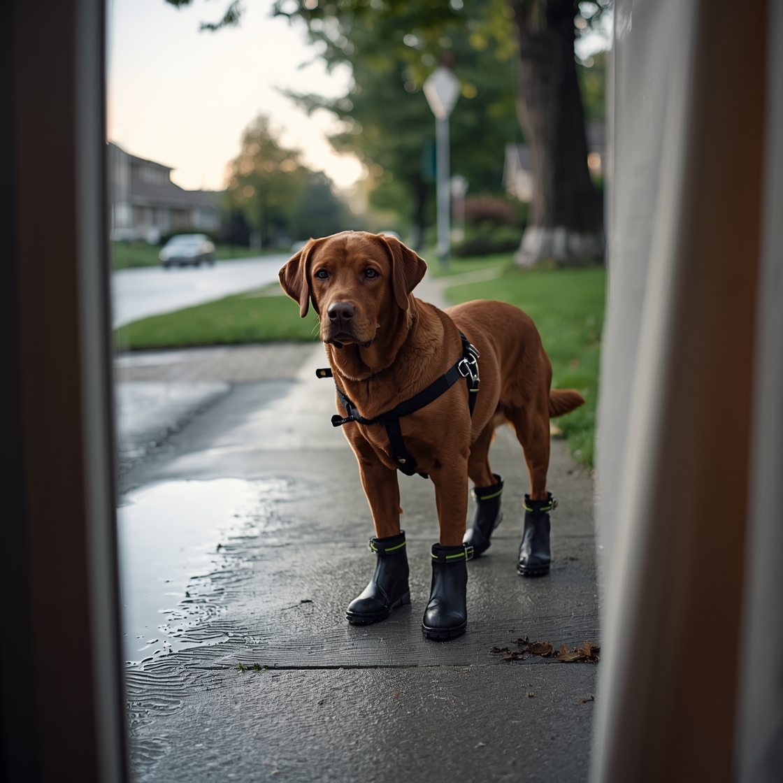 Labrador Retriever wearing rain boots on wet sidewalk