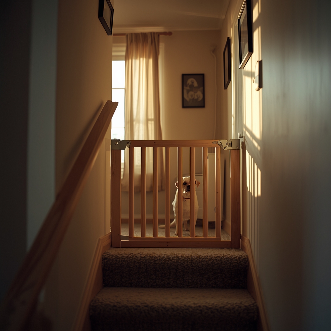 A pet gate installed at the top of a staircase