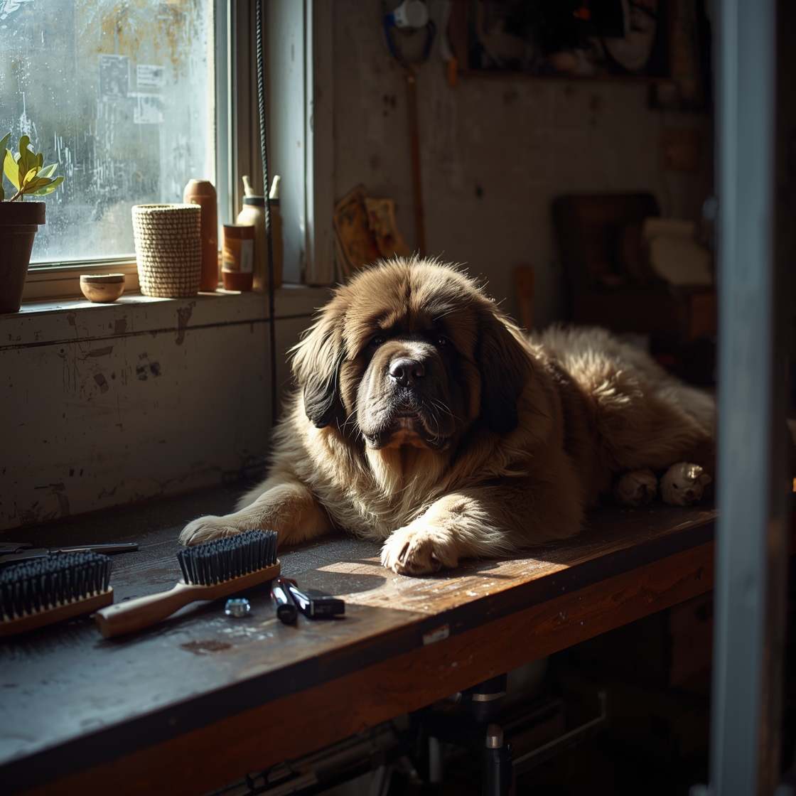 double-coated dog on a grooming table with pet grooming tools