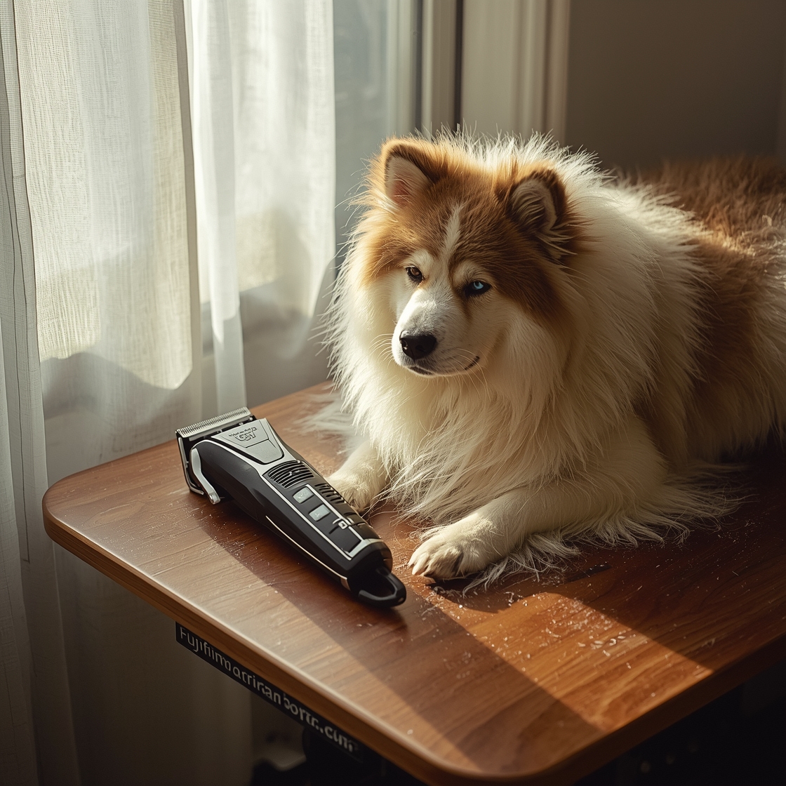 Clippers for double-coated dogs on a grooming table beside a Samoyed