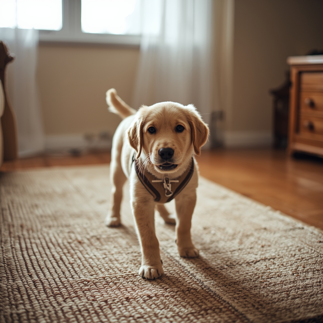 Golden retriever puppy in a pet harness on a home rug