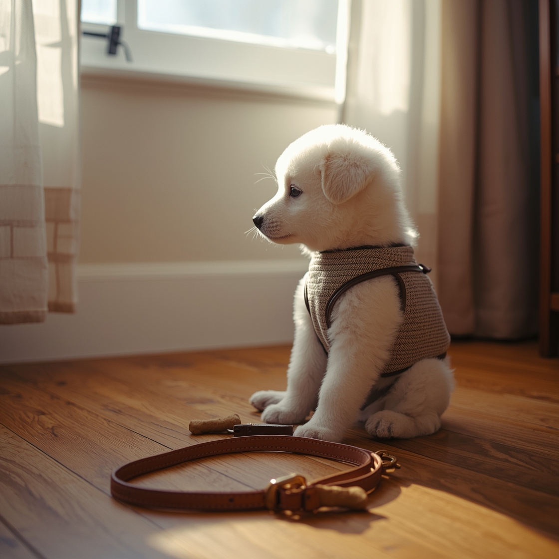 Small white puppy in Rabbitgoo dog vest on wooden floor
