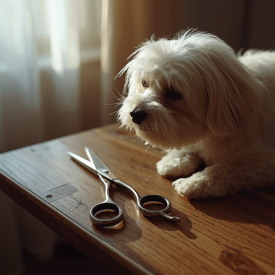 Pet grooming scissors on a wooden table beside a fluffy dog