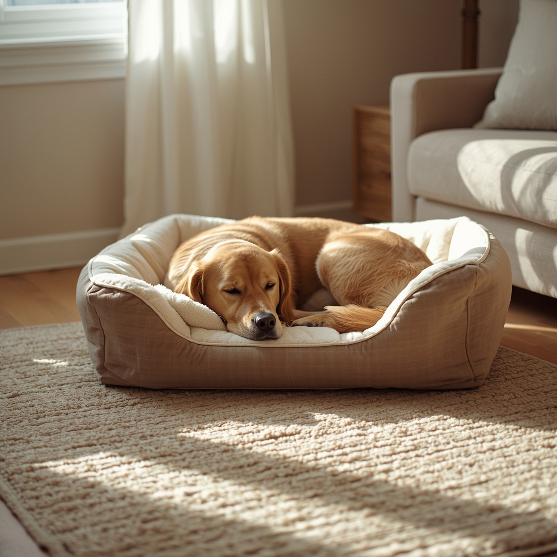A calm golden retriever resting on a plush dog bed indoors
