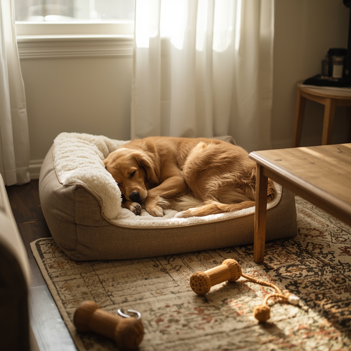 A calm golden retriever resting on a plush dog bed indoors