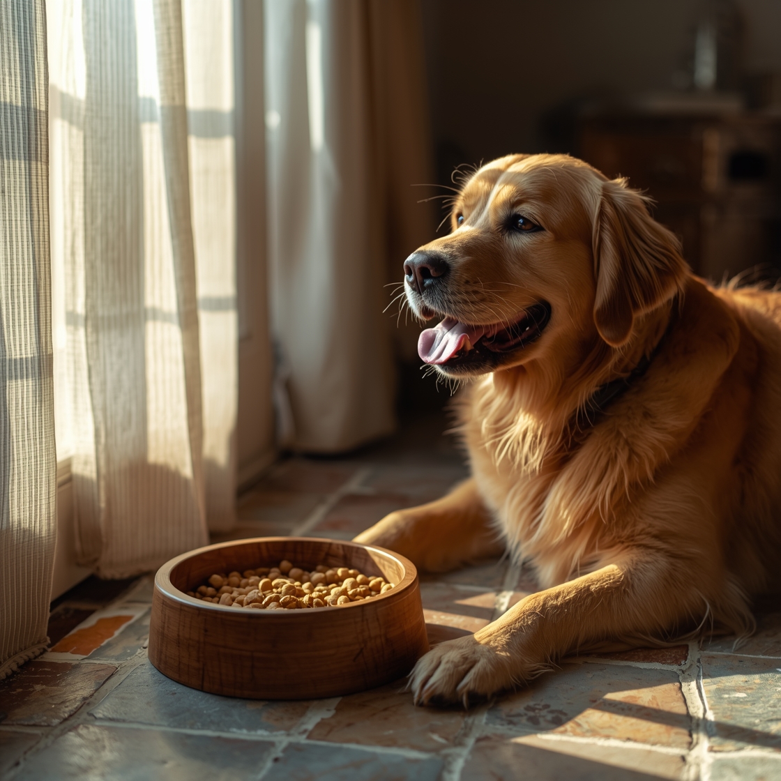 Grain-free dog food in a bowl next to happy adult dog