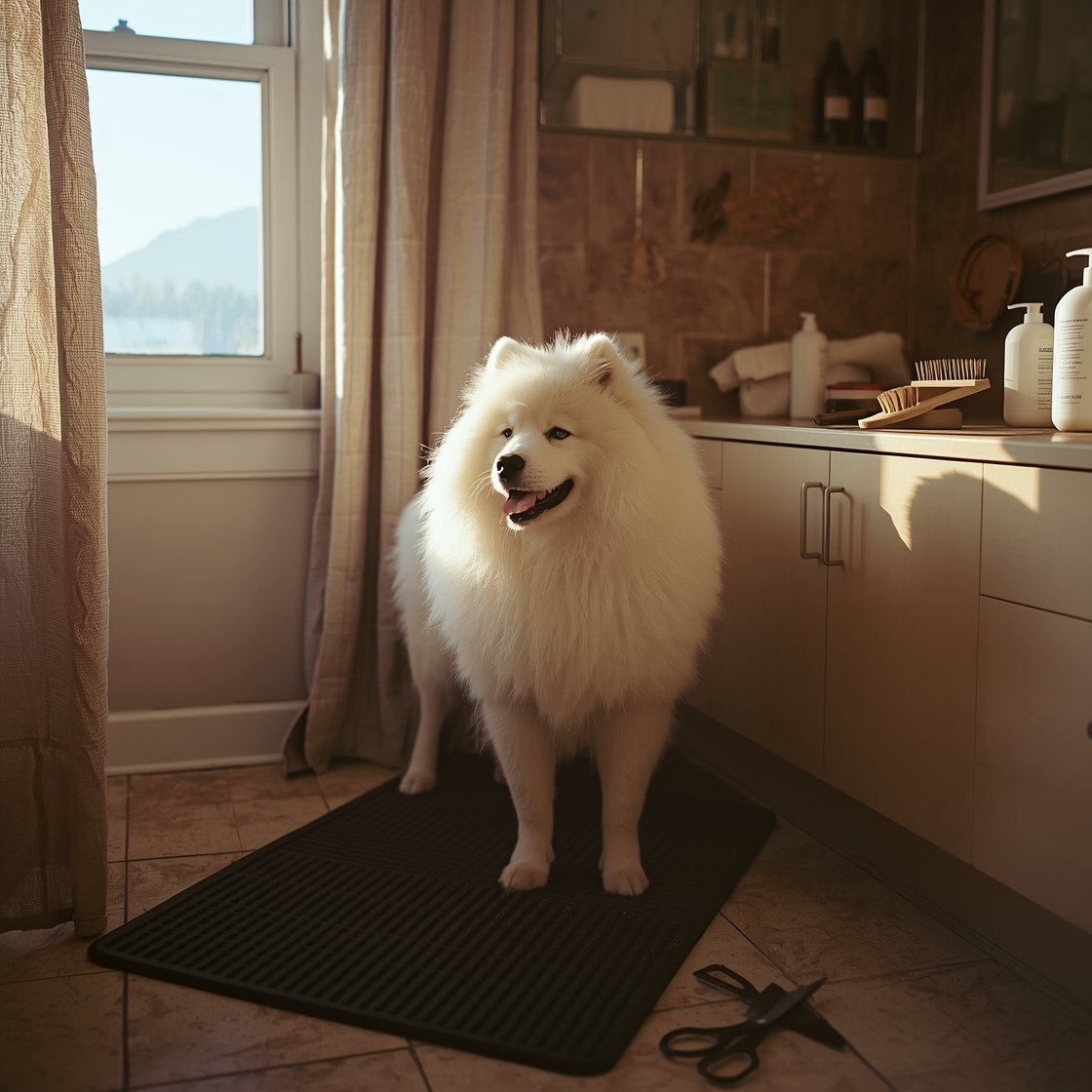 A fluffy white Samoyed standing in a bathroom with grooming tools