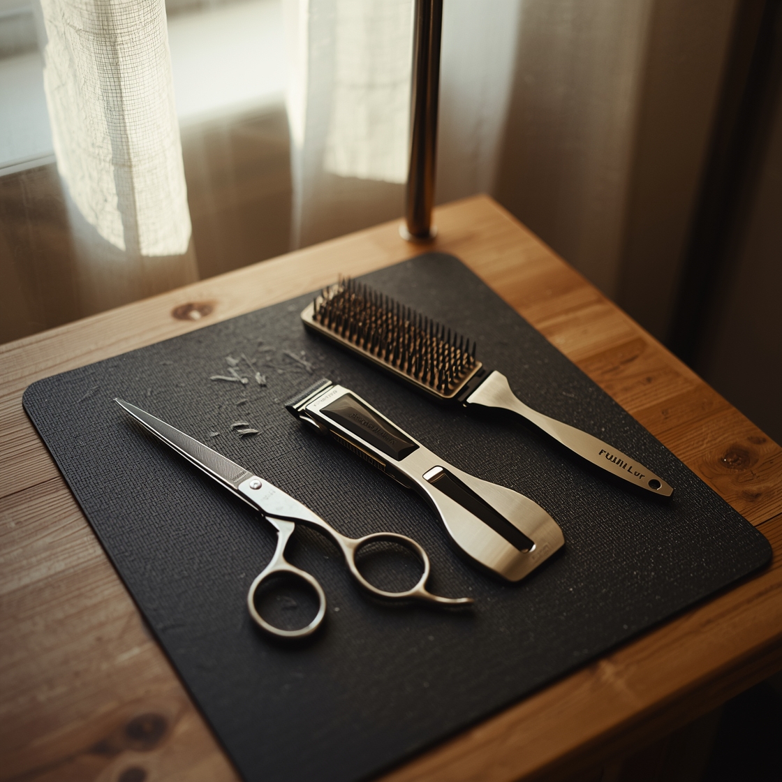 Essential dog grooming tools on a wooden table