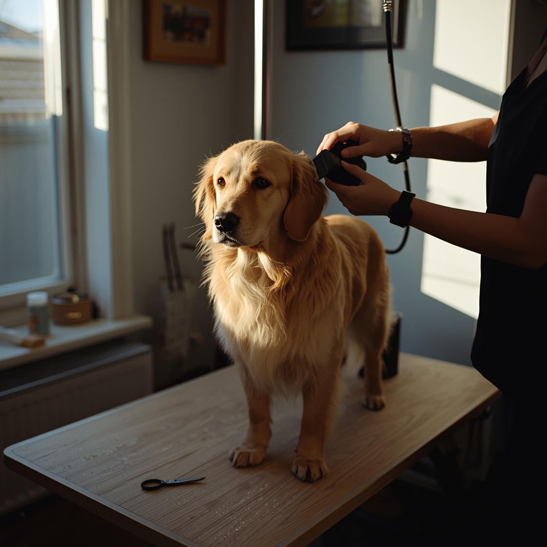 Person grooming a golden retriever with clippers on a wooden table