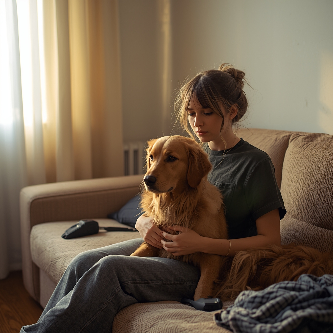 Woman sitting on couch with dog and grooming tools