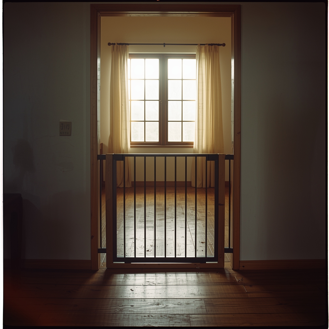 A sturdy pet gate installed in a wide doorway of a farmhouse
