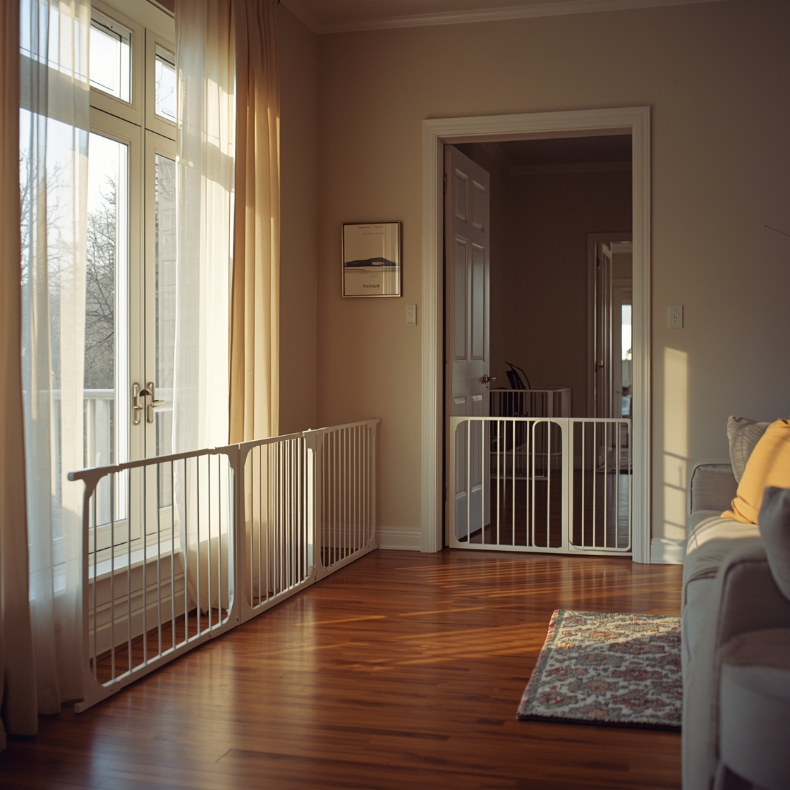 Pet gates for wide openings on a hardwood floor