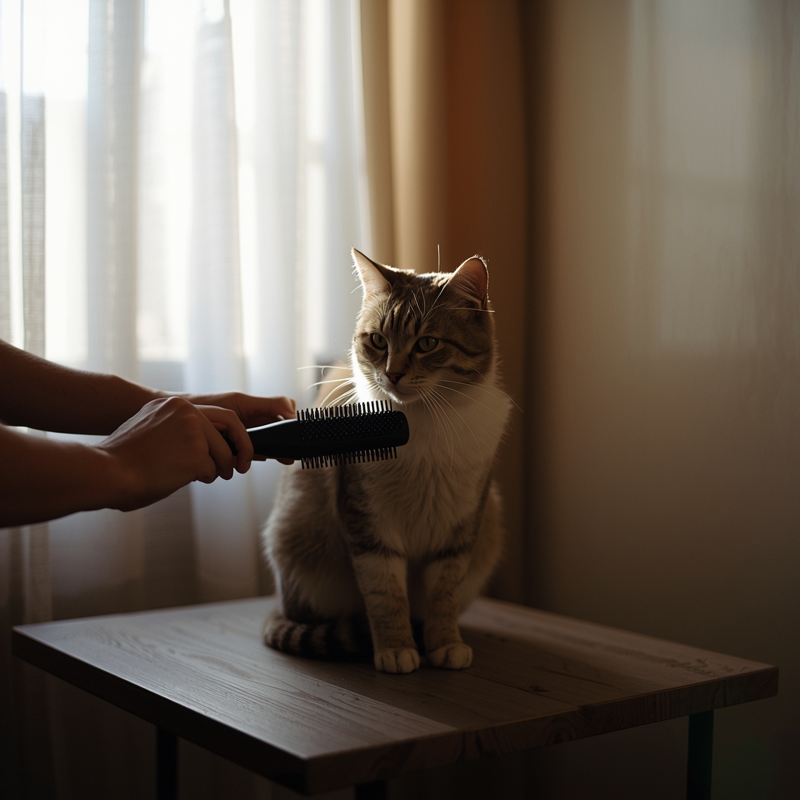 Hand brushing a tabby cat with a slicker brush on a wooden table