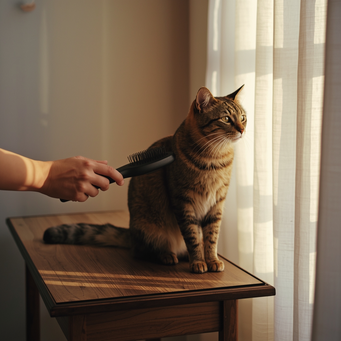 Hand brushing tabby cat with slicker brush on wooden table