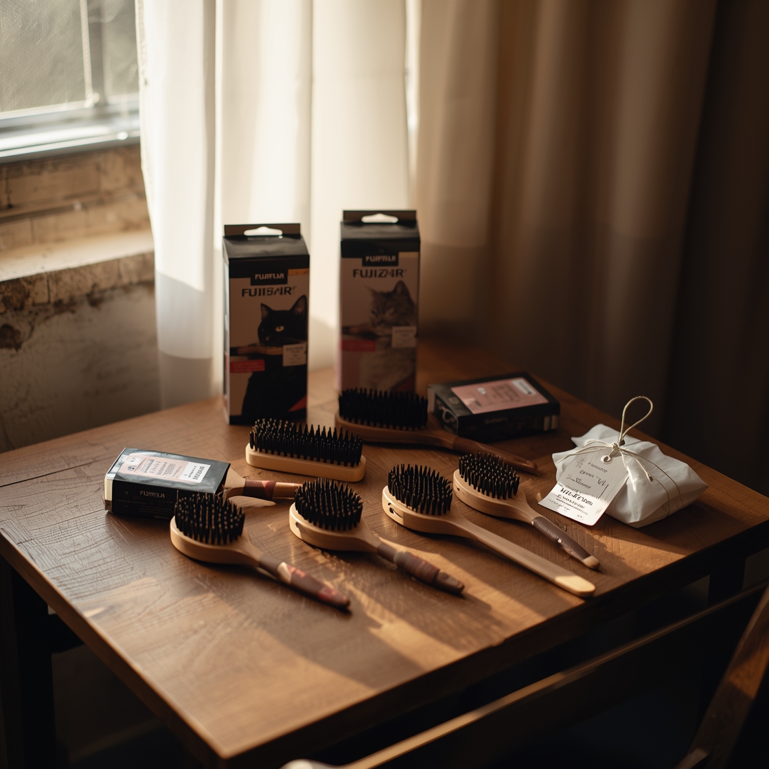 Assorted cat grooming brushes on a wooden table with price tags