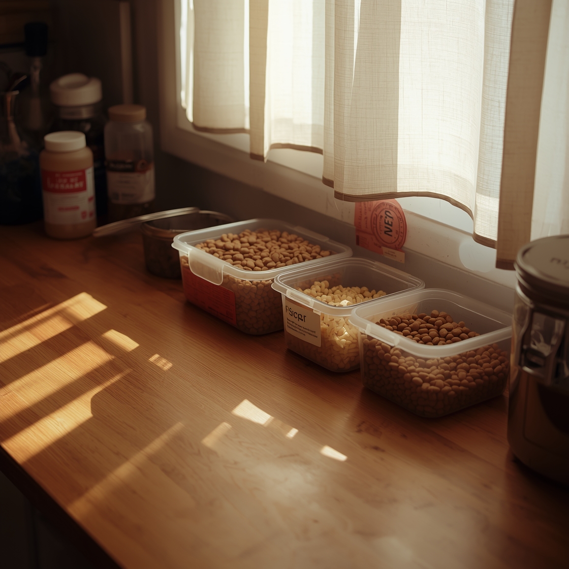 Pet food storage containers on a kitchen countertop