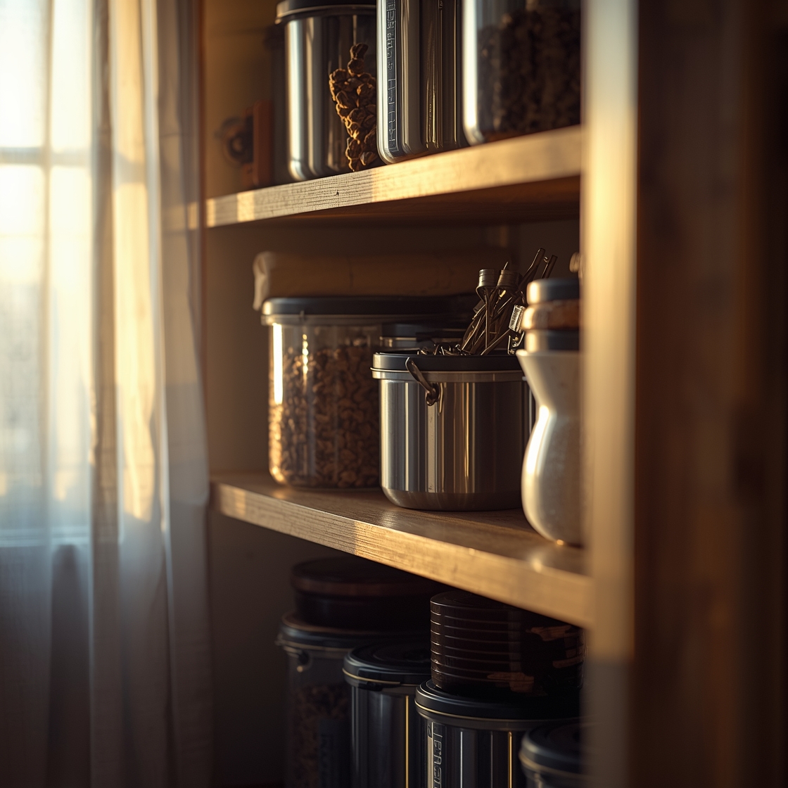 Pet food storage containers on a kitchen shelf
