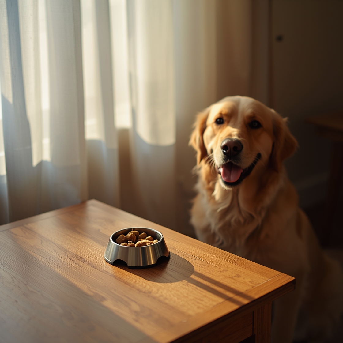 Dog training clicker and treats on a wooden table beside happy dog