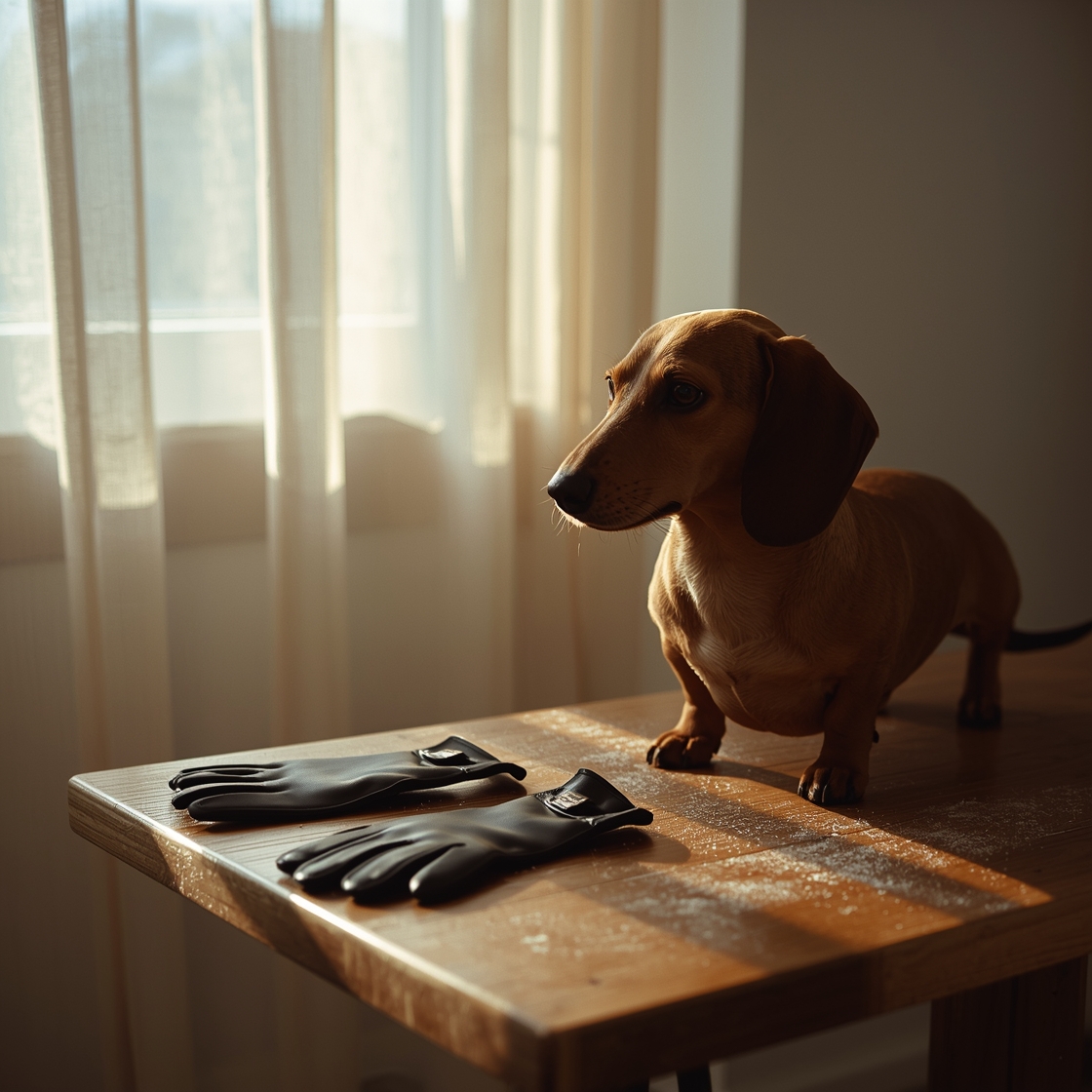 Pet grooming gloves and short haired dachshund on wooden table