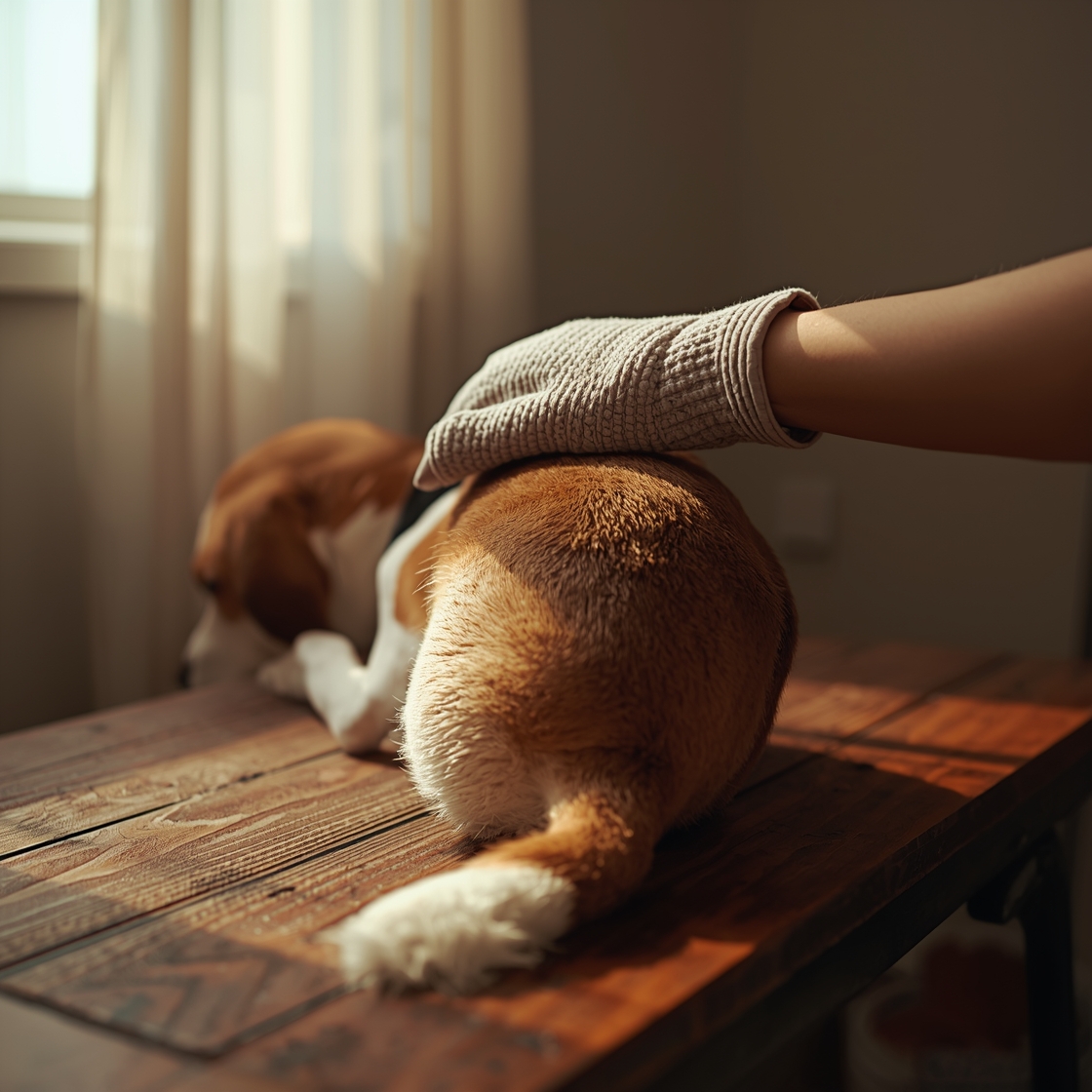 Hand in pet grooming glove gently stroking short-haired beagle
