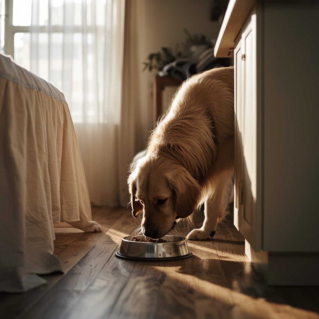 Senior golden retriever eating low-sodium dog food from ceramic bowl