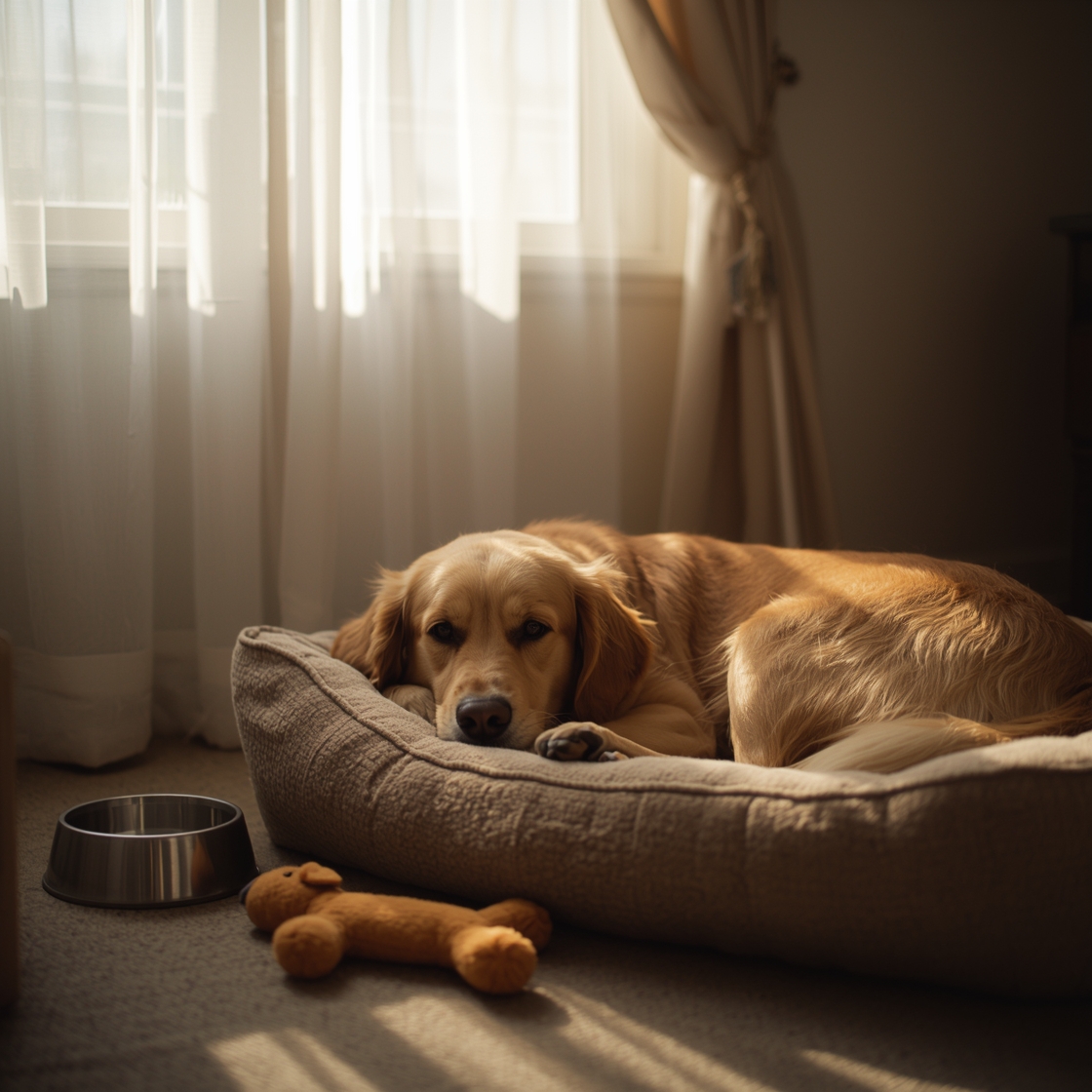 A senior golden retriever resting on a dog bed indoors