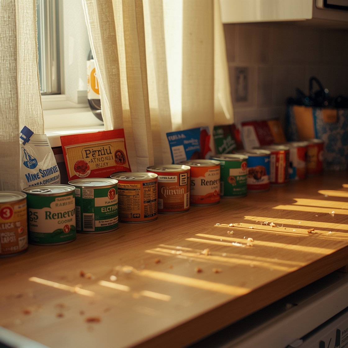 Low-sodium dog food cans and pouches on kitchen countertop